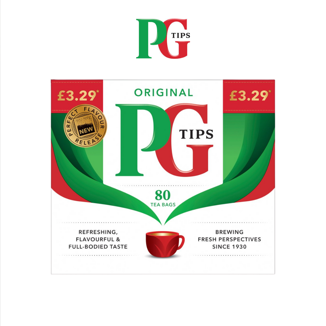 PG Tips tea bags packaging with red and green design on a white background
