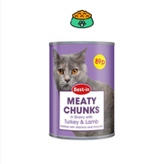 Can of Best-in Meaty Chunks cat food with a purple label and gray cat on the front.
