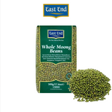 Bag of East End Whole Moong Beans with beans spilling out on a white background