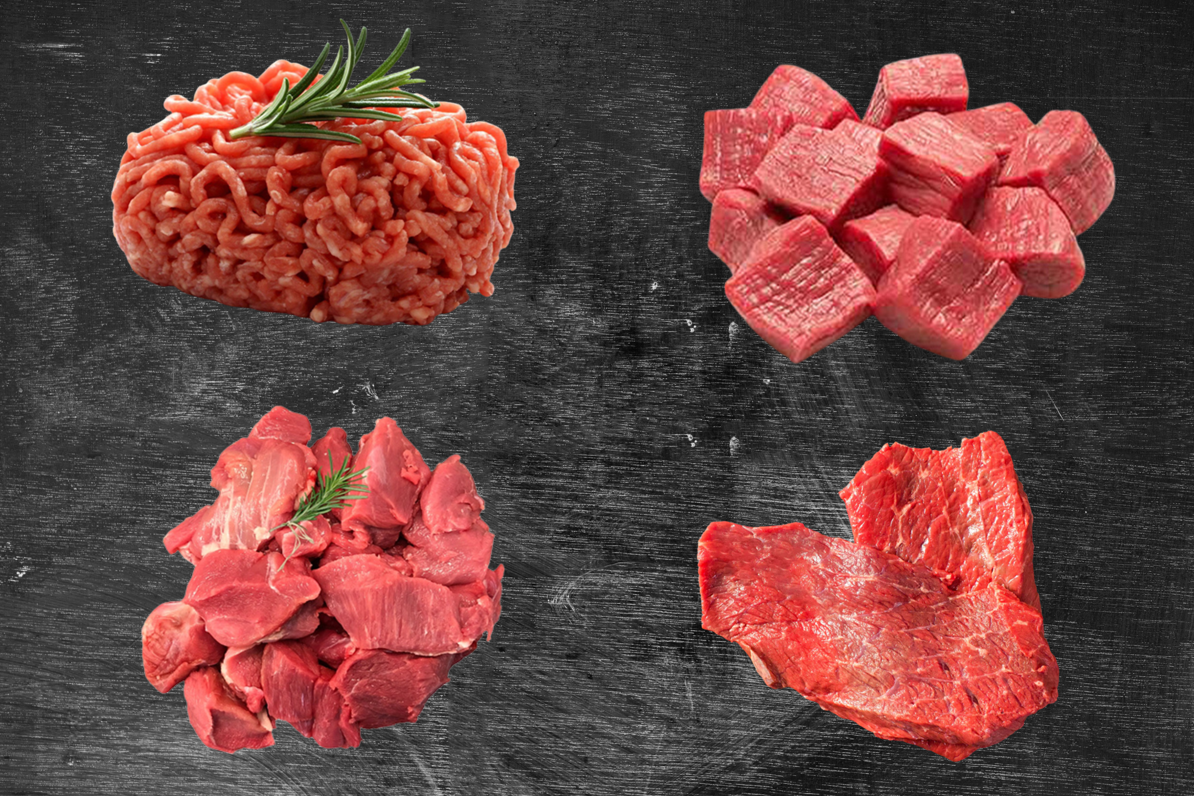 Four different cuts of raw meat on a dark surface
